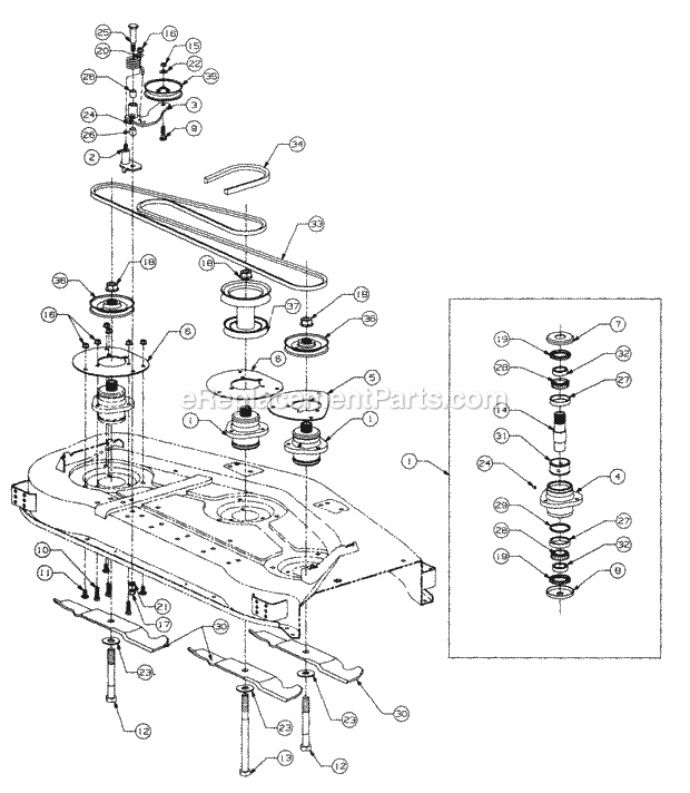 54" Fixed Deck Spindle Diagram and Parts List for 5416R 457900-460859, 553C562K100, 554C562K100 Cub Cadet Lawn Mower